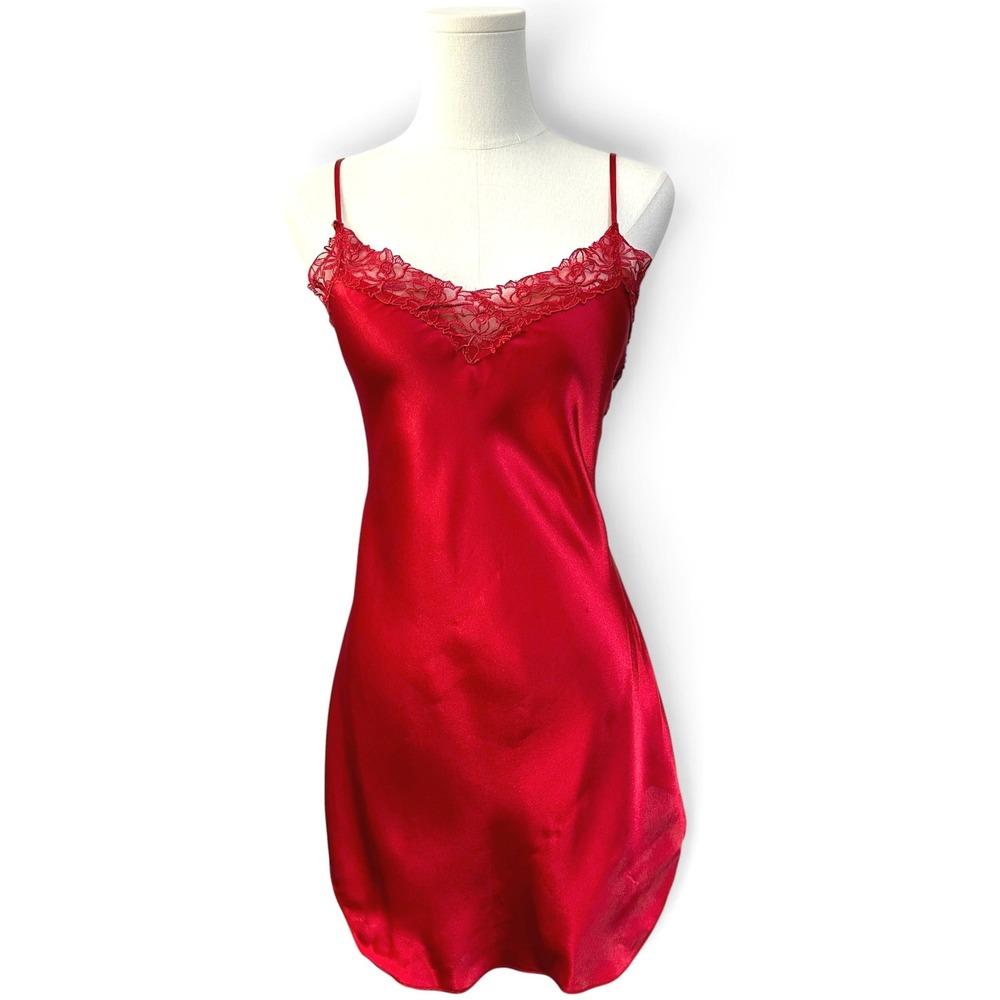 Vintage 90s Victoria's Secret Gold Label Slip Mini Dress M Red Satin Lace Trim